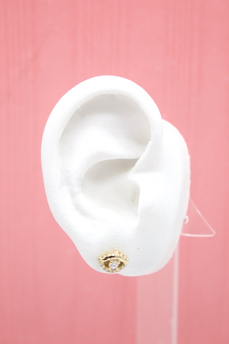 18K Gold Filled Evil Eye Stud Earrings With Clear CZ Stones -2