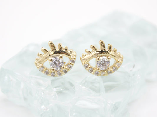 18K Gold Filled Evil Eye Stud Earrings With Clear CZ Stones -0