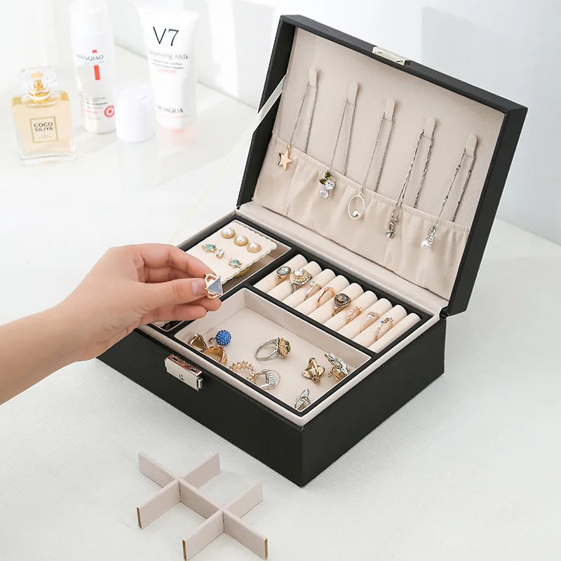 Double-layer Wooden Jewlery Box Ring Box Jewelry Boxes and Packaging with PU Leather Jewelry Storage Organizer and Makeup Case-0