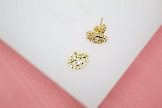 18K Gold Filled Evil Eye Stud Earrings With Clear CZ Stones -1